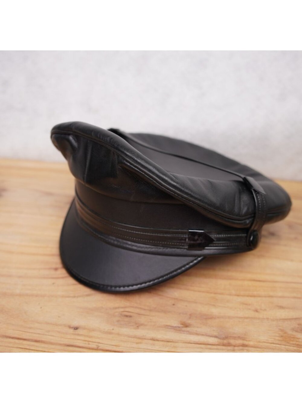 Vintage Genuine Leather Black Army Muir Biker Peakerd Police Cap Hat Union Made - Picture 6 of 12